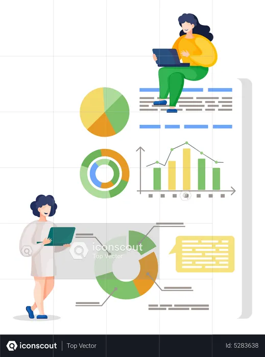 Mujer trabajando en informes analíticos del proyecto.  Ilustración