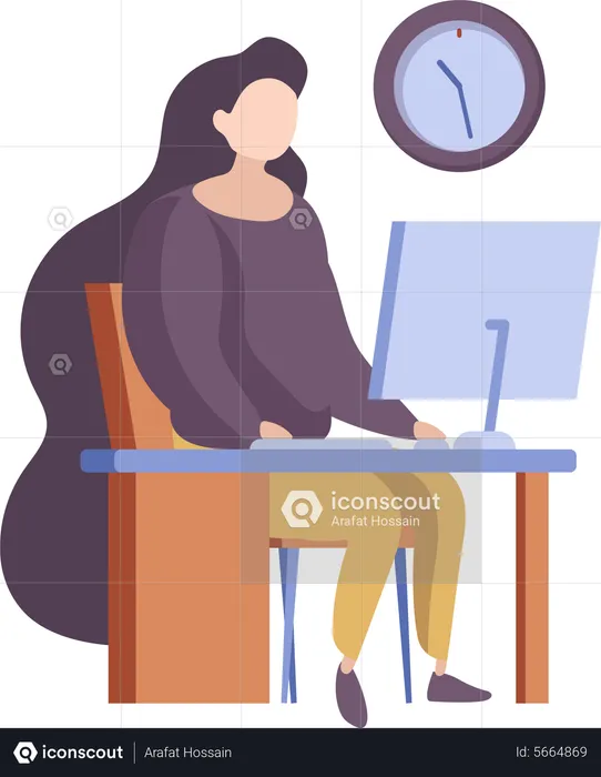 Mujer trabajando en computadora en tiempo de trabajo  Ilustración