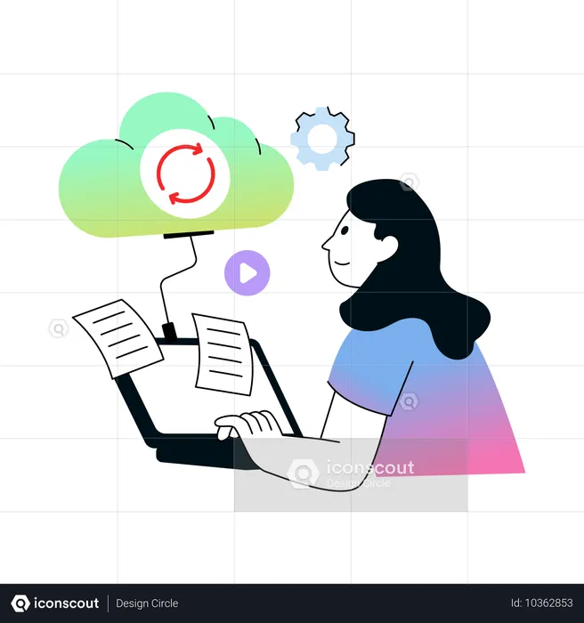 Mujer trabajando en la sincronización de datos en la nube  Ilustración