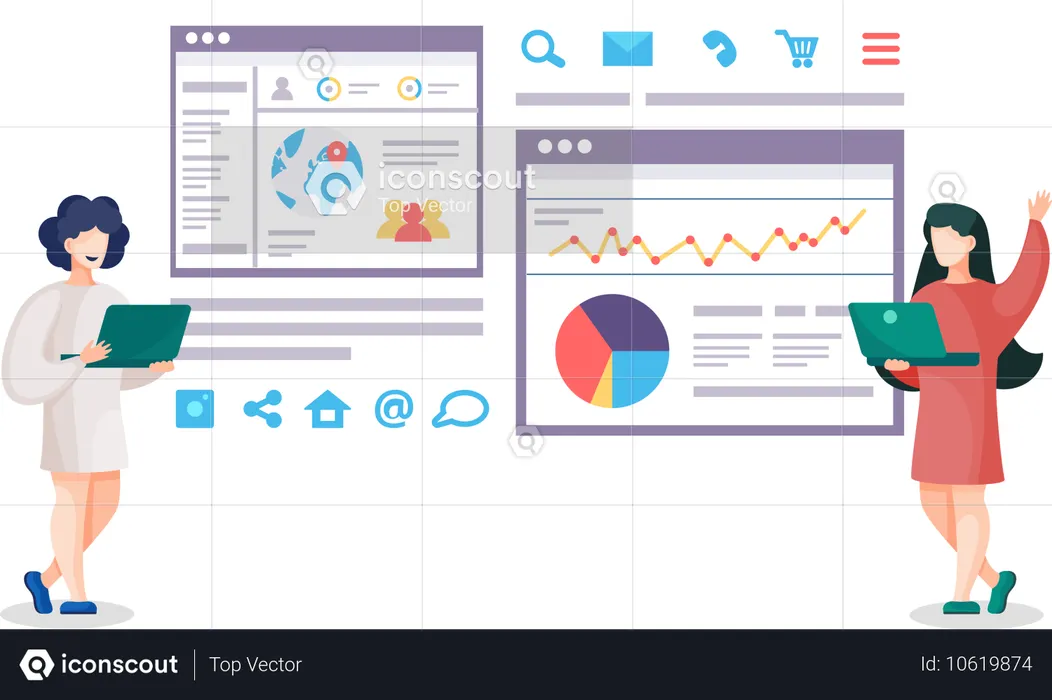 Mujer trabajando en optimización de sitios web  Ilustración