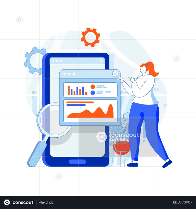 Mujer trabajando en optimización SEO  Ilustración