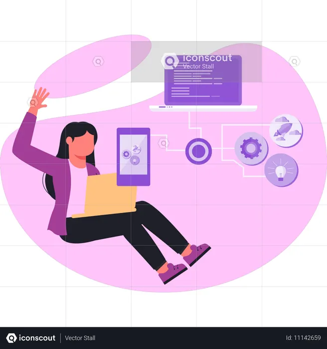 Mujer trabajando en redes de SEO  Ilustración