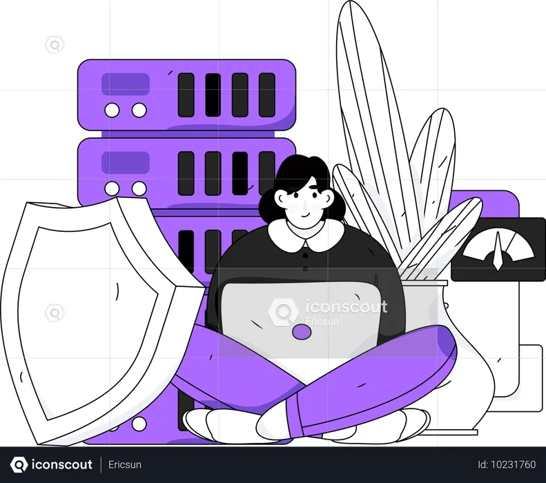 Mujer trabajando en seguridad de bases de datos  Ilustración