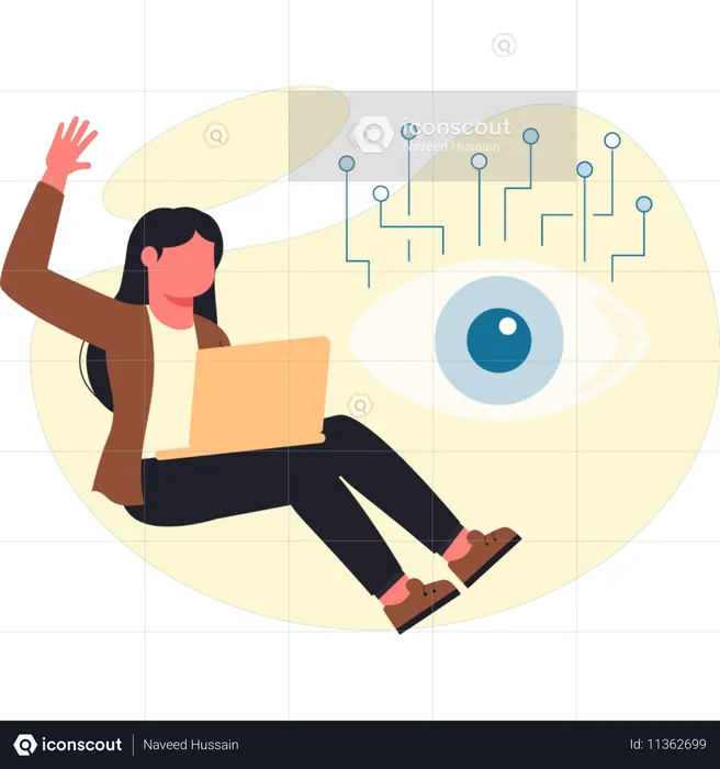 Mujer trabajando en una computadora portátil mientras observa a un ojo de inteligencia artificial  Ilustración