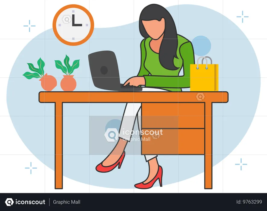 Mujer trabajando en la computadora portátil  Ilustración