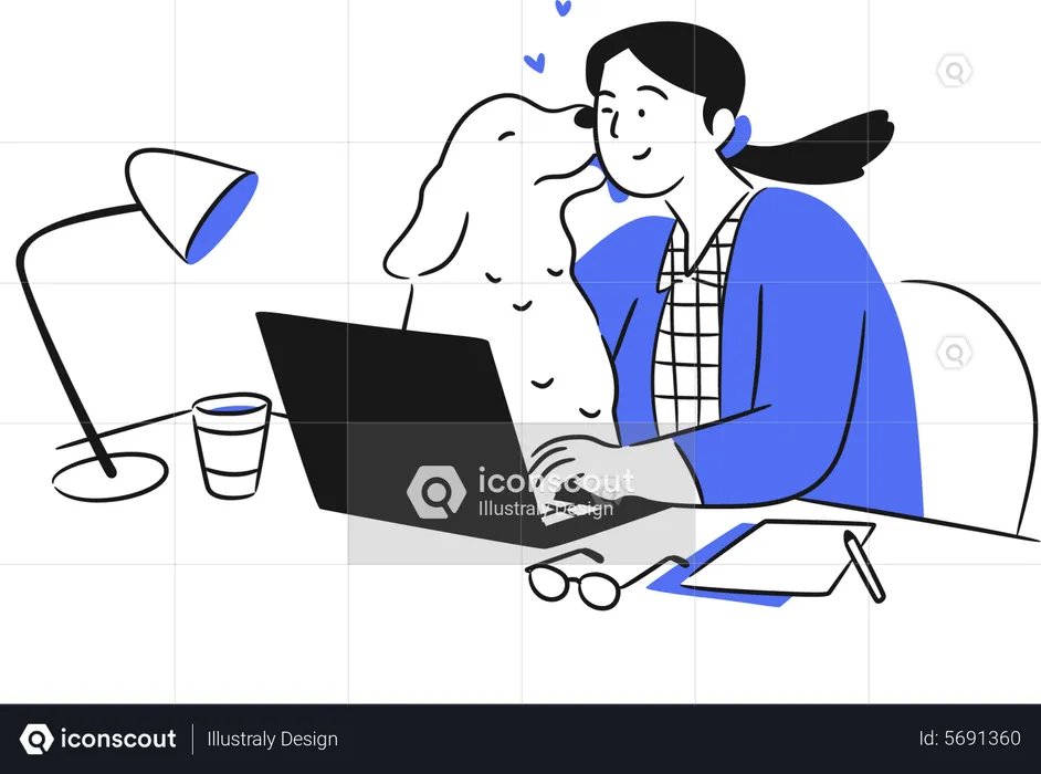 Mujer trabajando en la computadora portátil con perro  Ilustración