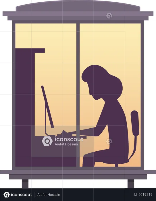 Mujer trabajando en la vista de la computadora portátil desde la ventana  Ilustración