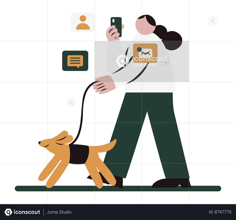 Mujer trabajando mientras camina con perro  Ilustración