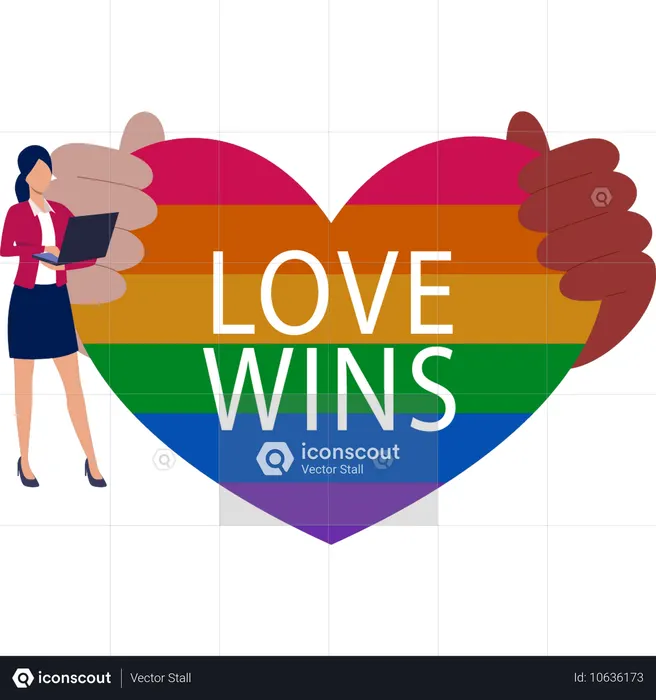 Mujer trabajando por el amor gana la bandera del corazón del orgullo gay  Ilustración
