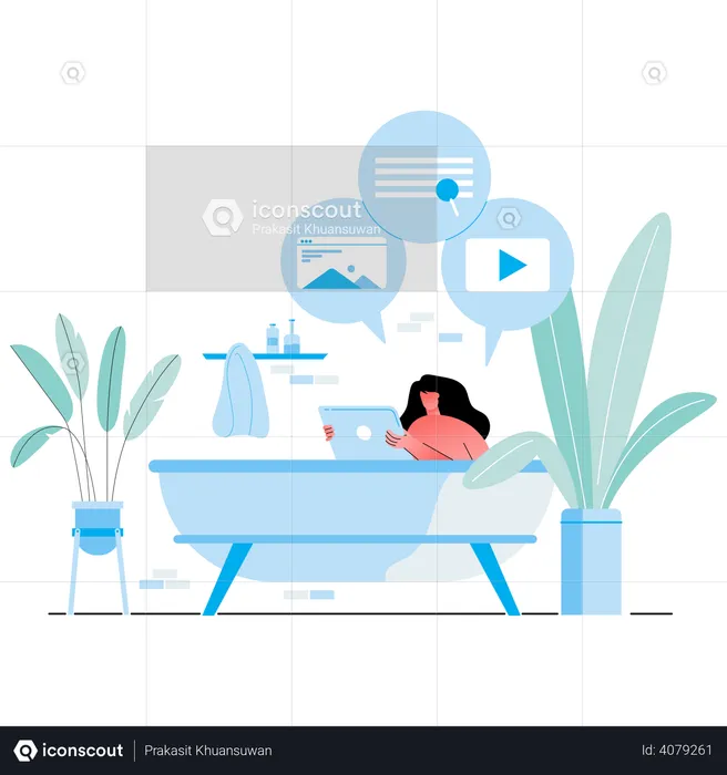 Mujer trabajando mientras está sentado en la bañera.  Ilustración