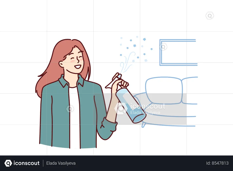 Mujer usa ambientador para deshacerse del olor desagradable en el apartamento después de limpiar  Ilustración