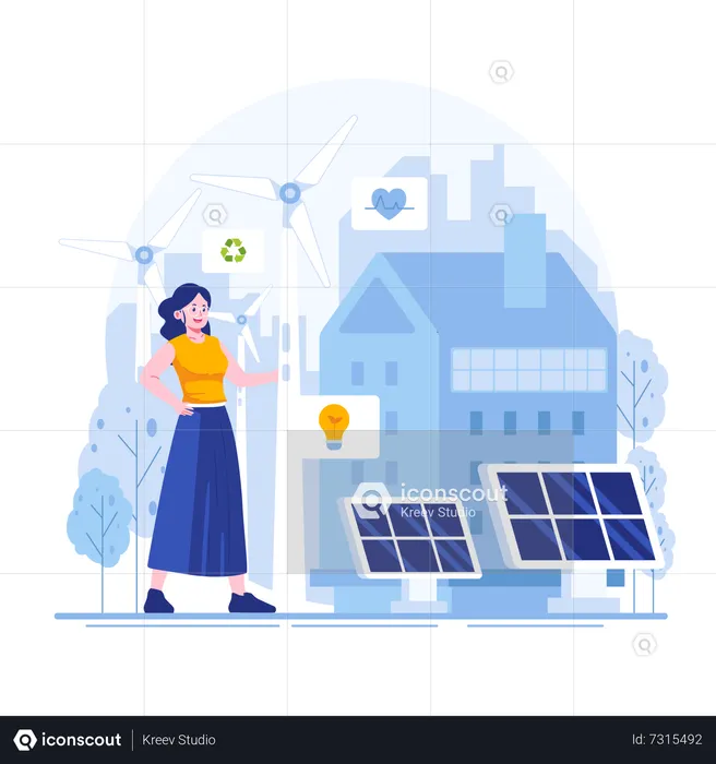 Una mujer utiliza energía solar renovable para salvar la Tierra  Ilustración