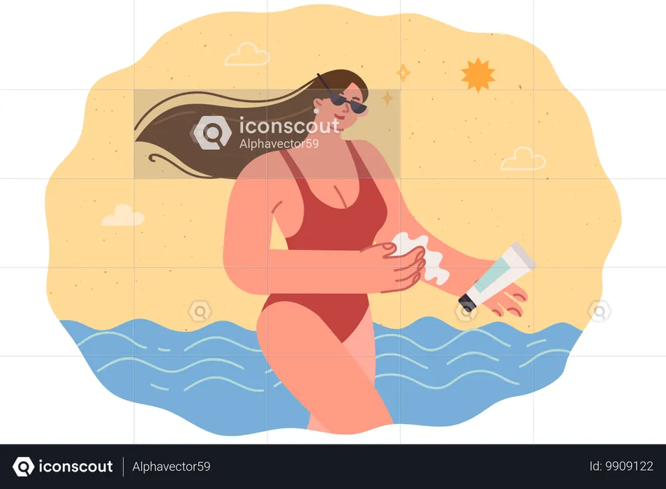 La mujer usa protector solar caminando por la playa en traje de baño y protegiendo la piel de la radiación ultravioleta  Ilustración