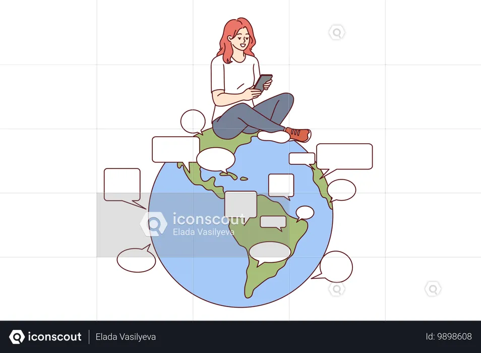 Una mujer utiliza un traductor en línea en un teléfono móvil para comunicarse en diferentes idiomas sentada en el globo  Ilustración