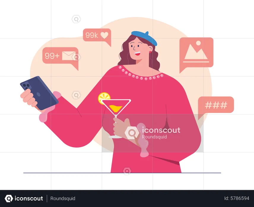 Mujer usando la aplicación de redes sociales  Ilustración