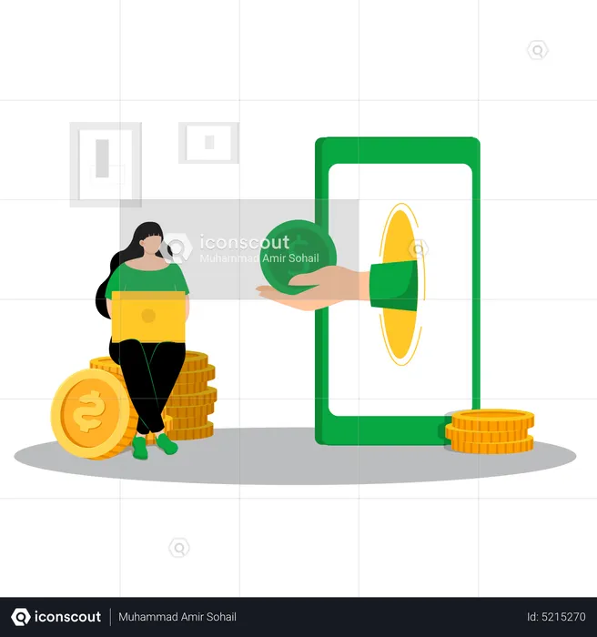 Mujer usando banca digital  Ilustración