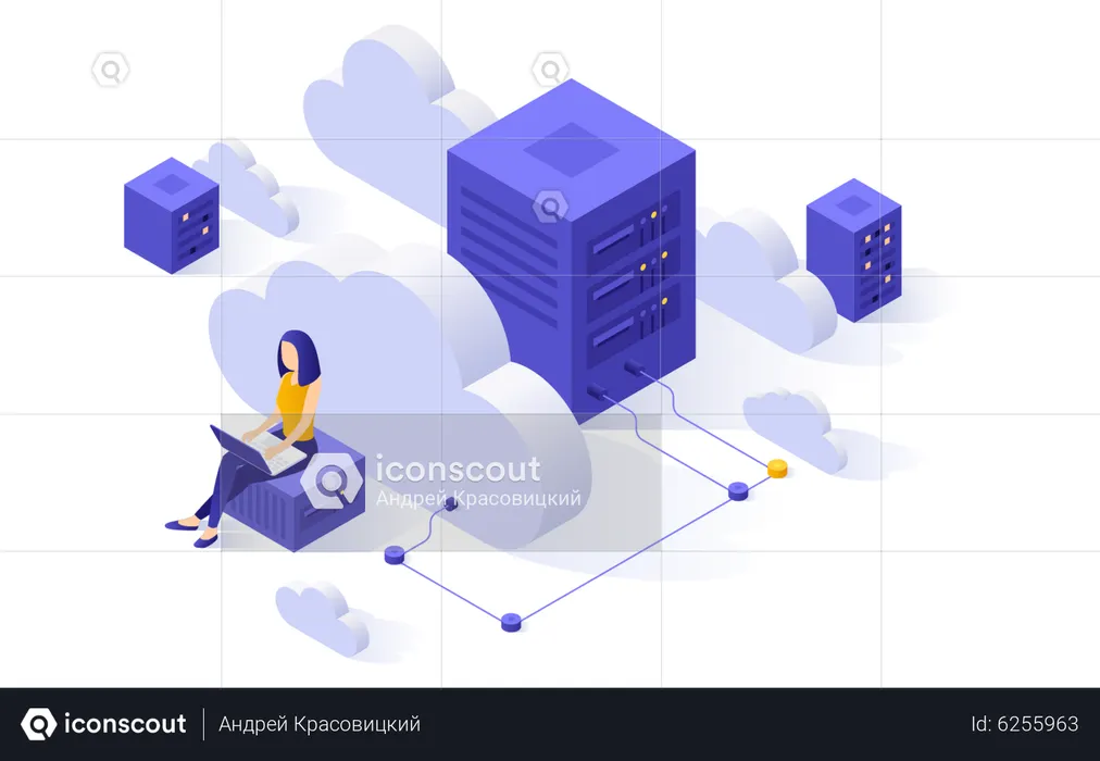 Mujer usando base de datos en la nube  Ilustración