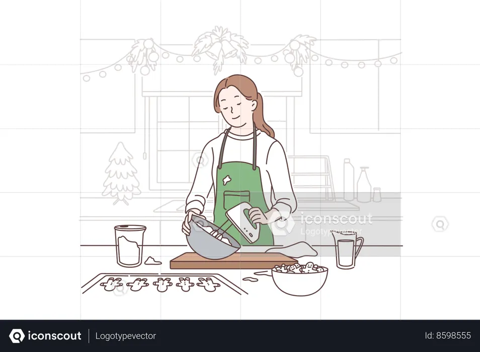 Mujer usando batidora para mezclar en un tazón  Ilustración