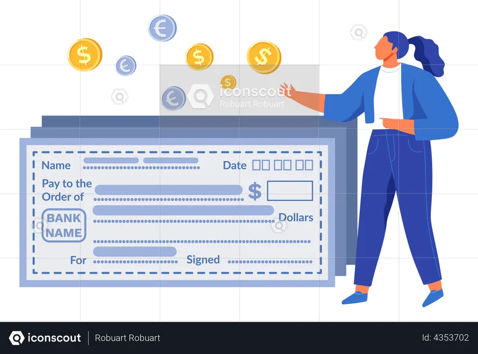 Mujer usando cheque bancario para transferencia de fondos  Illustration