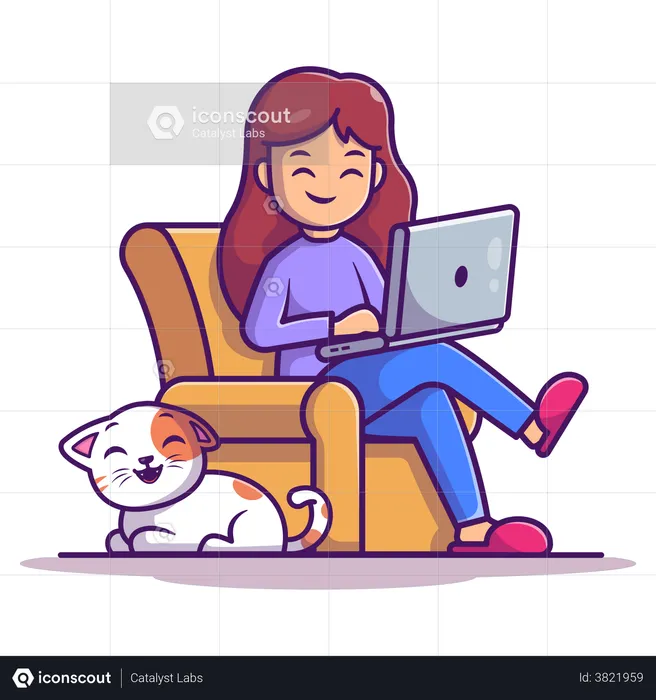 Mujer usando una computadora portátil mientras está sentada en el sofá  Ilustración