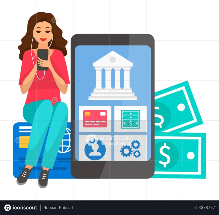 Mujer que utiliza el servicio de banca en línea  Ilustración