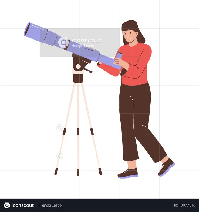 Mujer usando telescopio  Ilustración