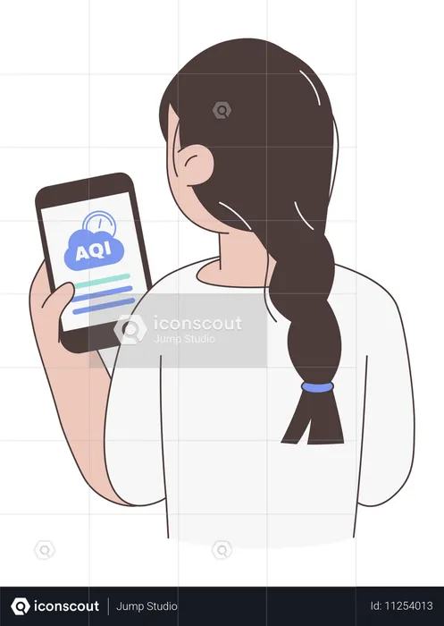 Mujer comprobando el índice de calidad del aire en un teléfono inteligente  Ilustración