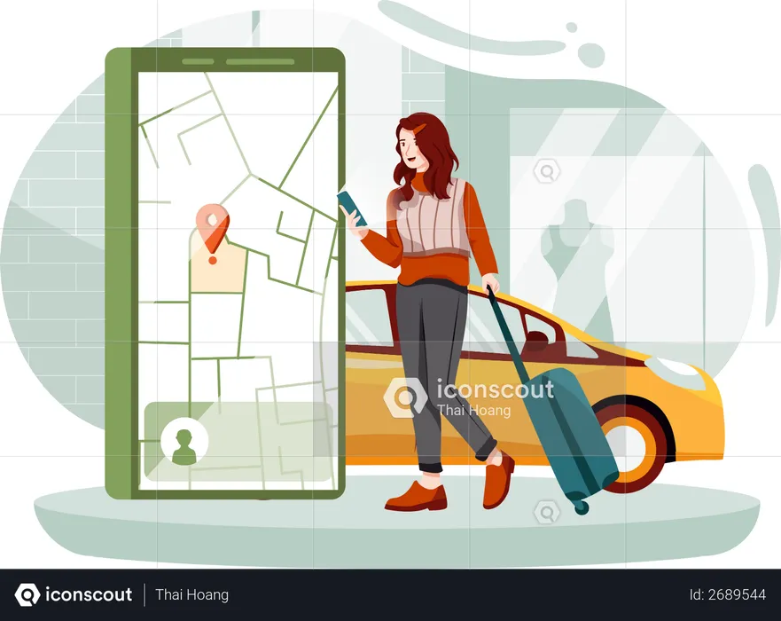 Mujer viajera pidiendo un taxi desde una aplicación móvil  Ilustración