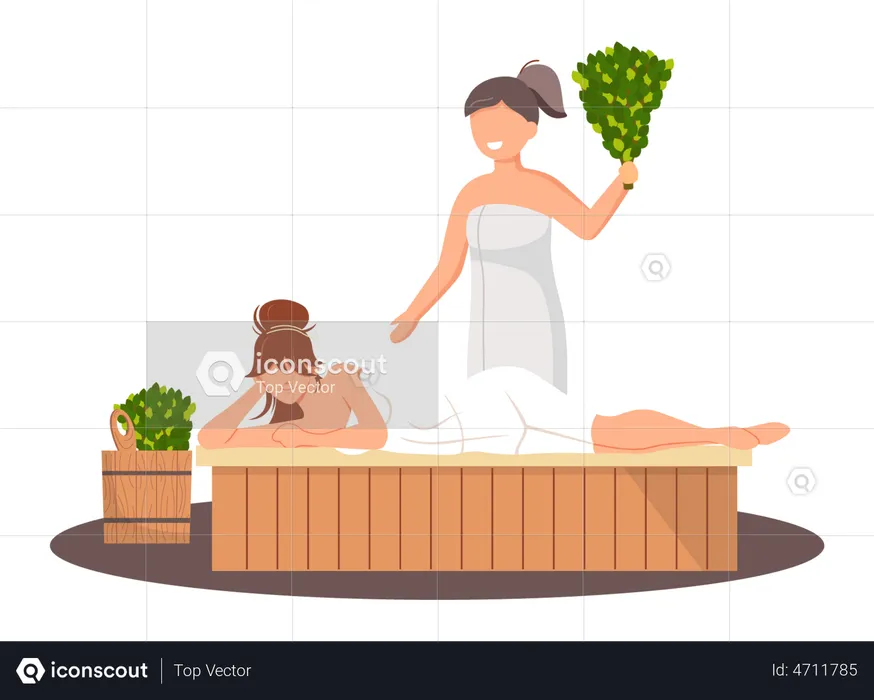 Mujer vistiendo una toalla de baño sentada en un banco de madera en una sauna de vapor caliente  Ilustración