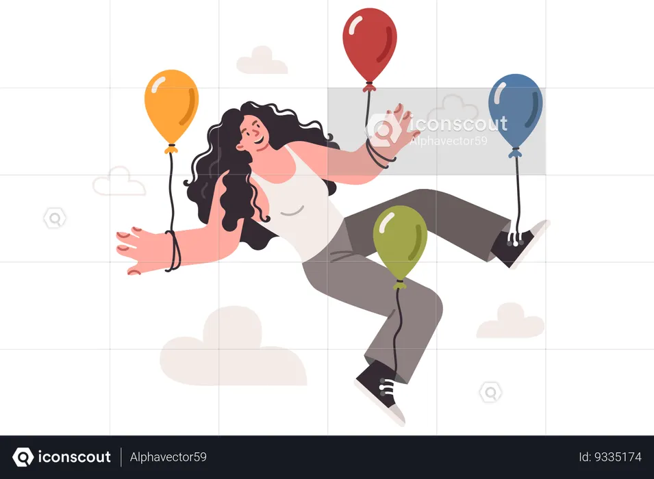 Mujer volando con globo  Ilustración