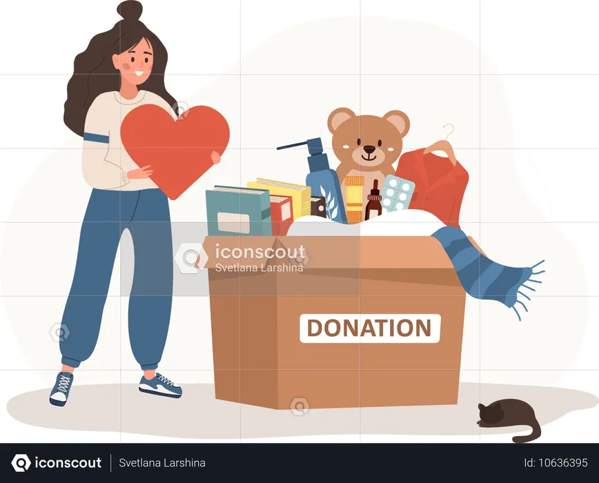 Mujer voluntaria sosteniendo en sus manos un corazón  Ilustración