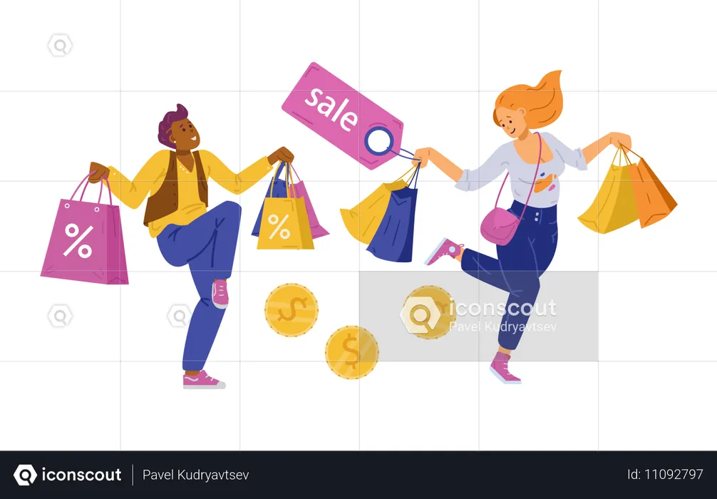 Una mujer y un hombre felices, compradores o adictos a las compras, bailan sosteniendo bolsas de compras en sus manos  Ilustración