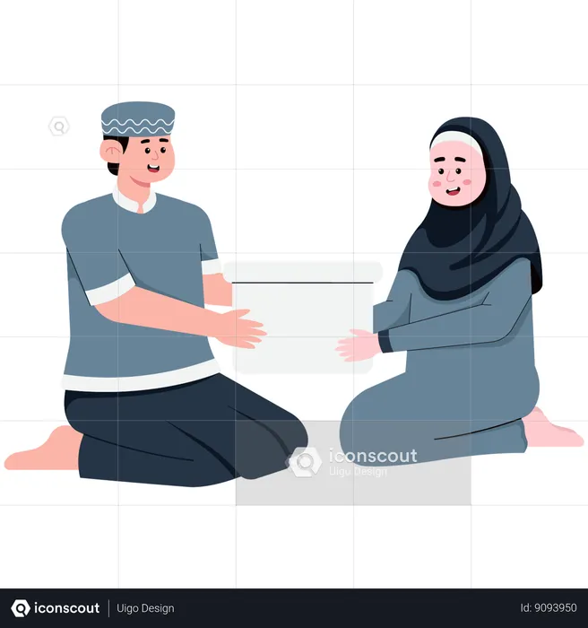 Mujer y hombre musulmanes orando y entregando el zakat para el Eid  Ilustración