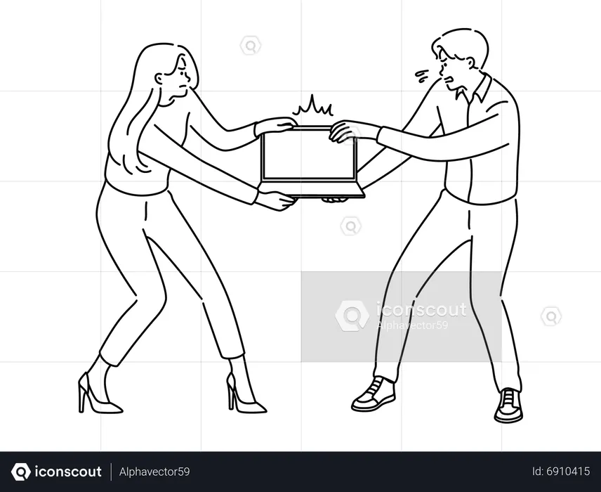 Mujer y hombre pelean por la computadora portátil  Ilustración