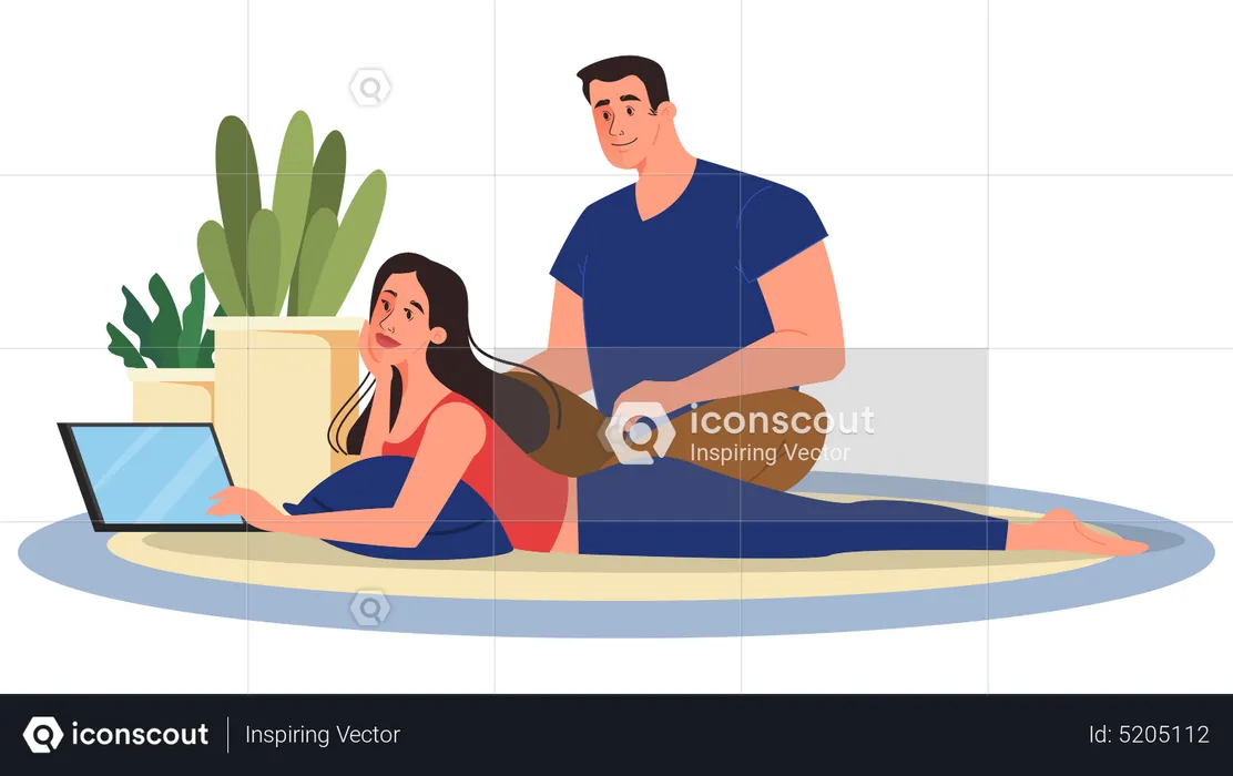 Mujer y hombre sentados en el suelo con portátil  Ilustración