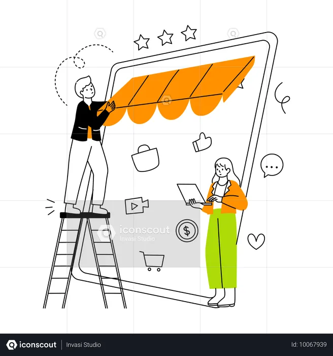 Mujer y hombre trabajando en compras online  Ilustración