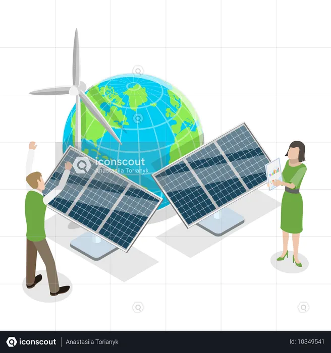 Mujer y hombre trabajando en energía renovable  Ilustración
