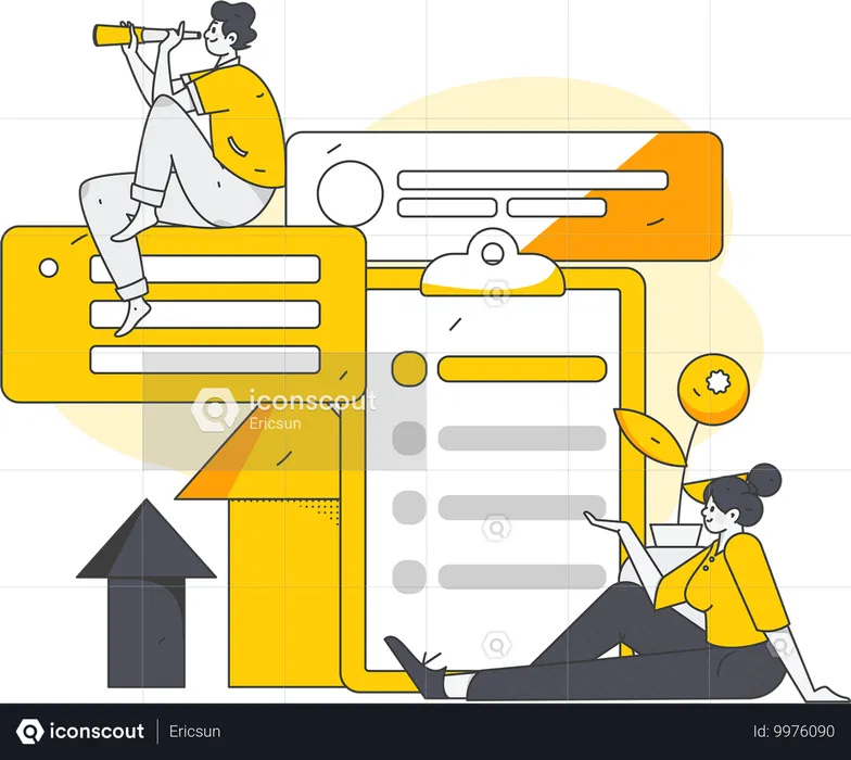 Mujer y hombre trabajando en tareas de negocios  Ilustración