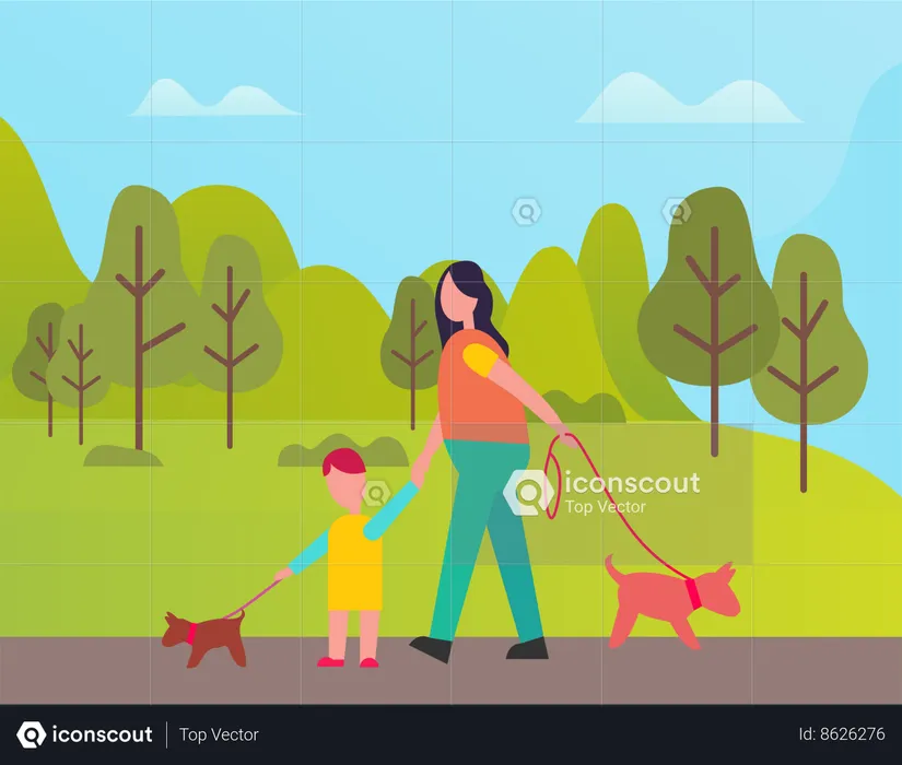 Mujer y niño caminando con mascota.  Ilustración