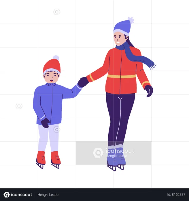 Mujer y niños disfrutando del patinaje sobre hielo  Ilustración