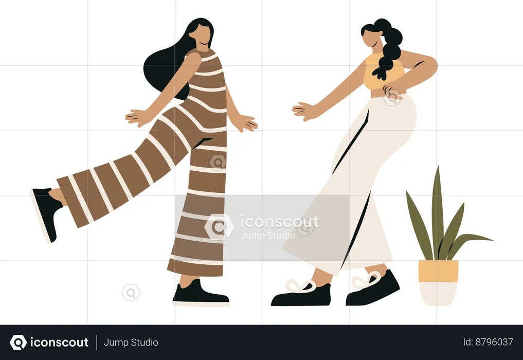 Mujer y su amiga bailando en fiesta  Ilustración