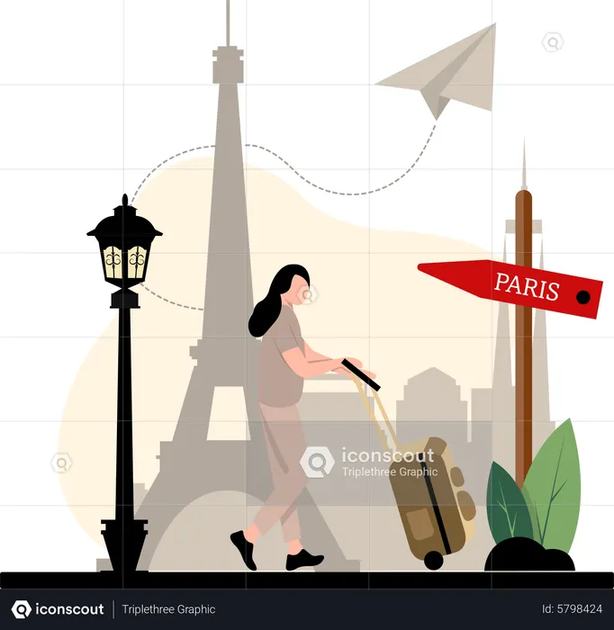 Mujer yendo de viaje a París  Ilustración