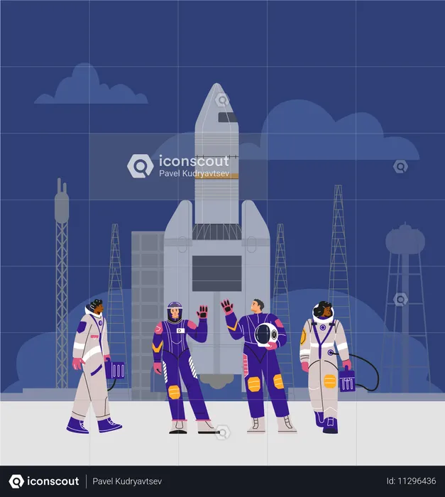 Mujeres astronautas con trajes espaciales en la plataforma de lanzamiento, junto al cohete.  Ilustración