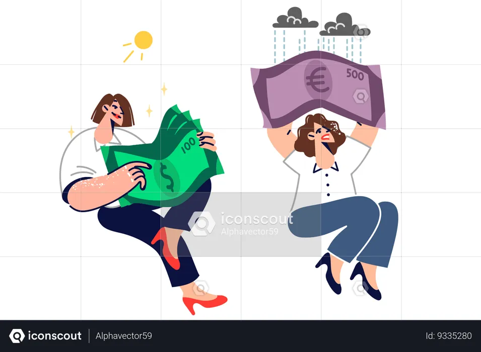 Mujeres con dólares y euros en manos intercambiando efectivo  Ilustración