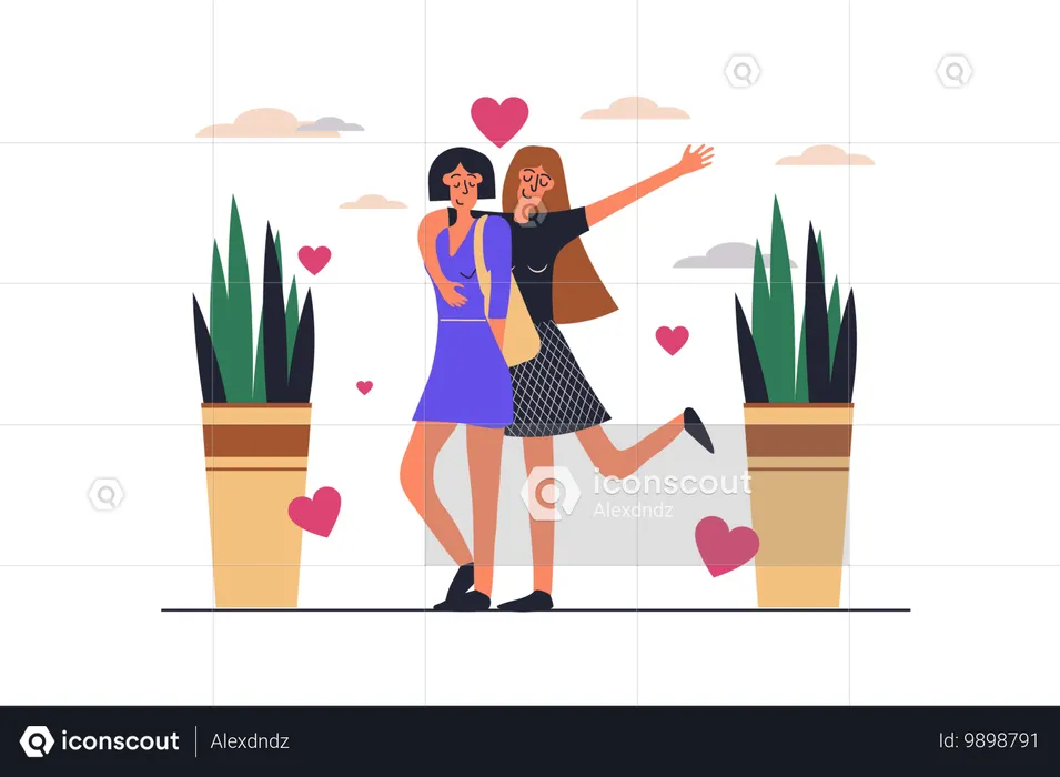 Mujeres en una relación romántica abrazándose y caminando juntas, abrazándose y coqueteando  Ilustración