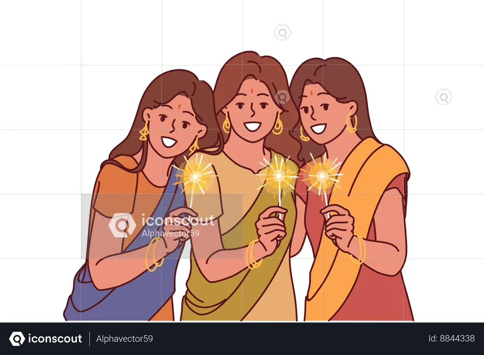 Mujeres indias con bengalas celebran el festival de Diwali  Ilustración