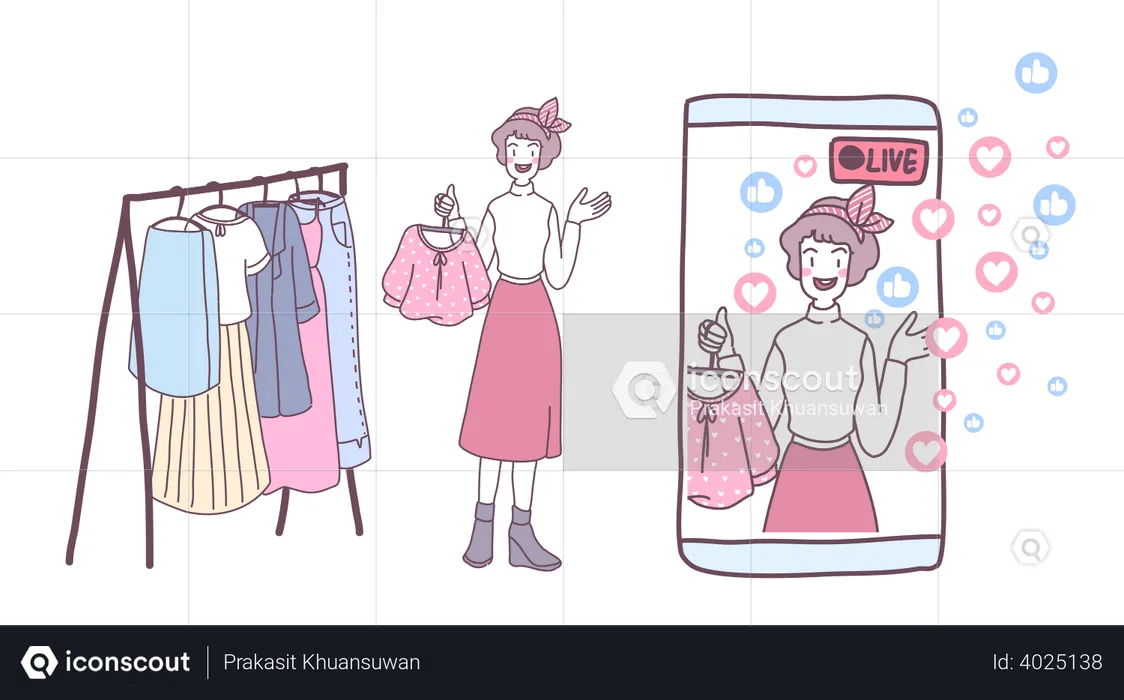 Mujeres jóvenes usan teléfonos inteligentes en vivo para vender ropa  Ilustración