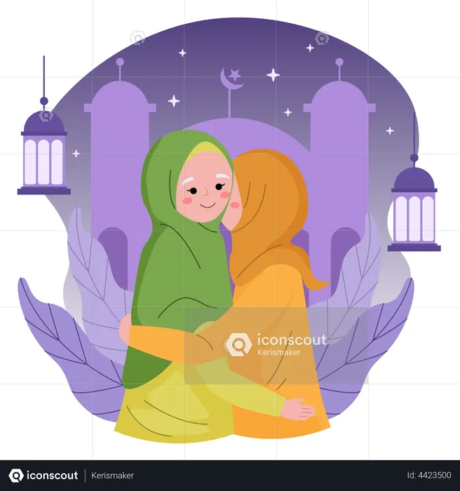 Mujeres musulmanas abrazándose en eid mubarak  Ilustración