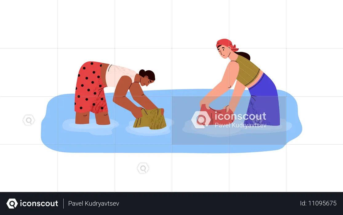 Mujeres tristes lavando ropa en un charco o río  Ilustración