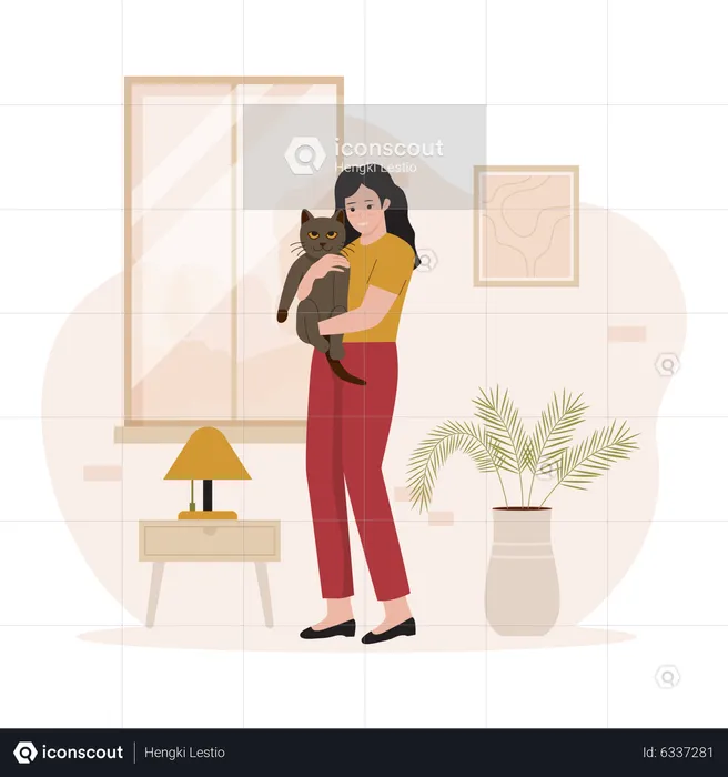Mulher abraçando gato de estimação  Ilustração